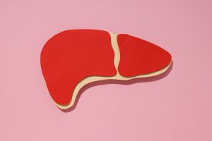 Paper liver mockup on pink background, top view